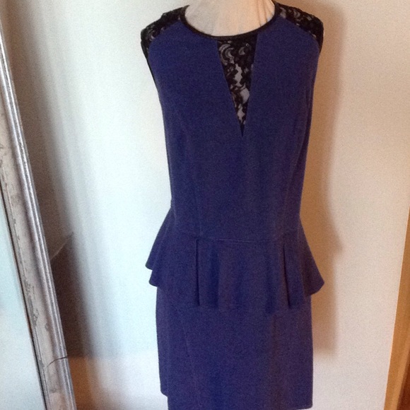 ABS by Allen Schwartz blue midi dress. 2x leather trimed - Picture 1 of 7